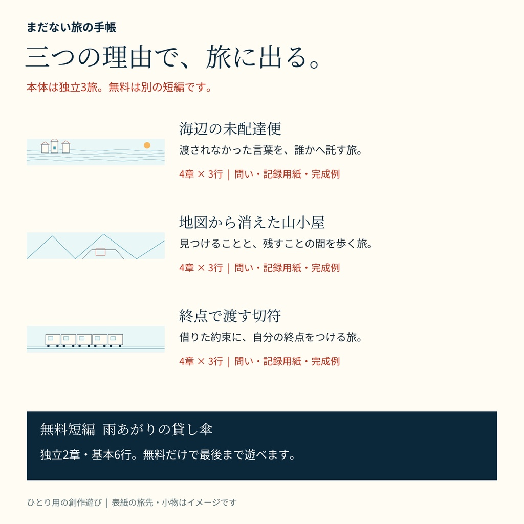 【ひとり用・書いて遊ぶ物語】まだない旅の手帳|3行ずつ綴るソロジャーナル3旅