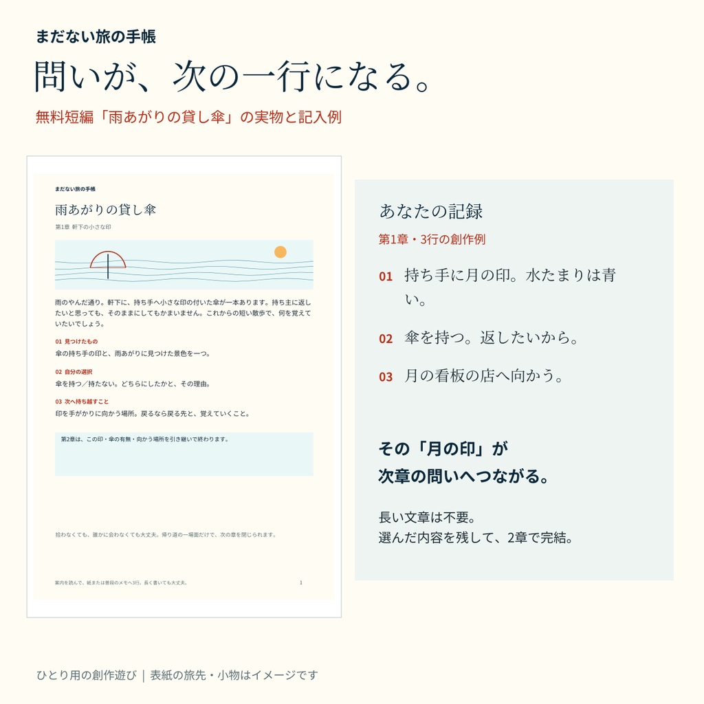 【ひとり用・書いて遊ぶ物語】まだない旅の手帳|3行ずつ綴るソロジャーナル3旅