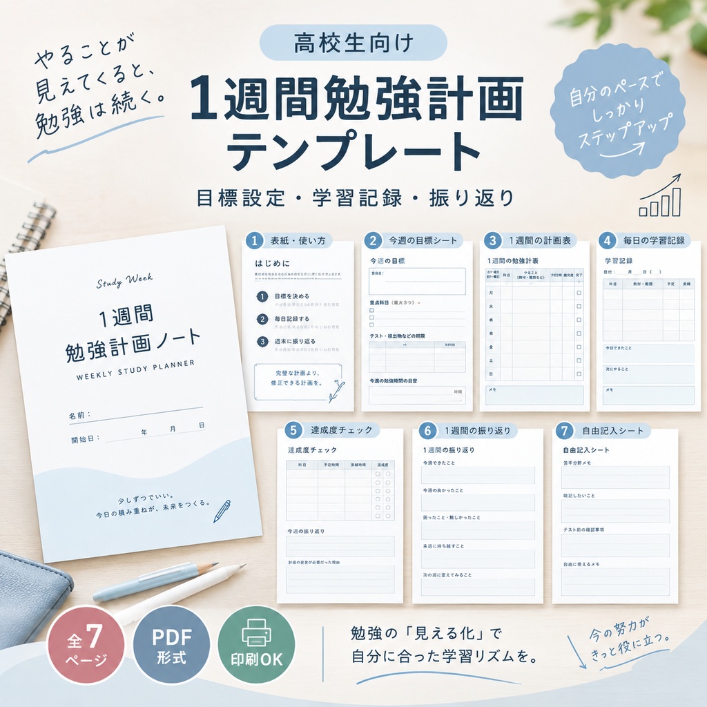 【高校生向け】1週間勉強計画テンプレート｜学習管理PDF