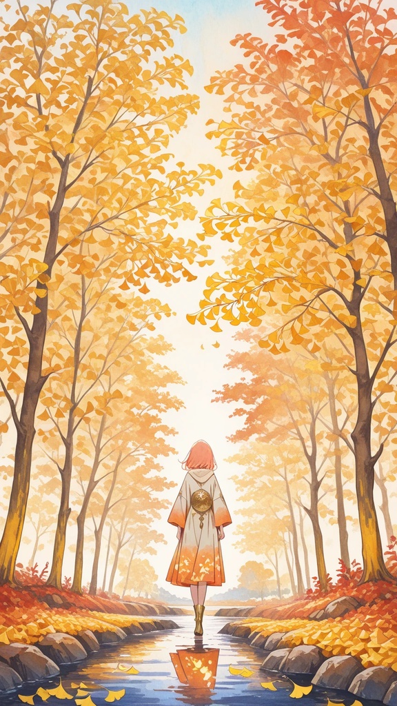 【スマホ壁紙】パステルファンタジーな少女と紅葉のアートワーク（高画質イラストデータ）
