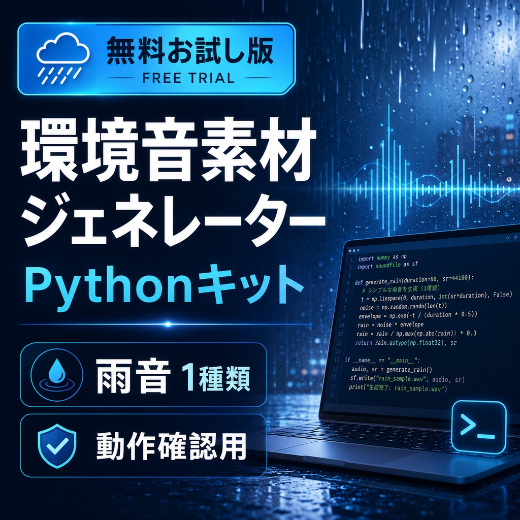 【無料お試し版】環境音素材ジェネレーター Pythonキット｜雨音1種類