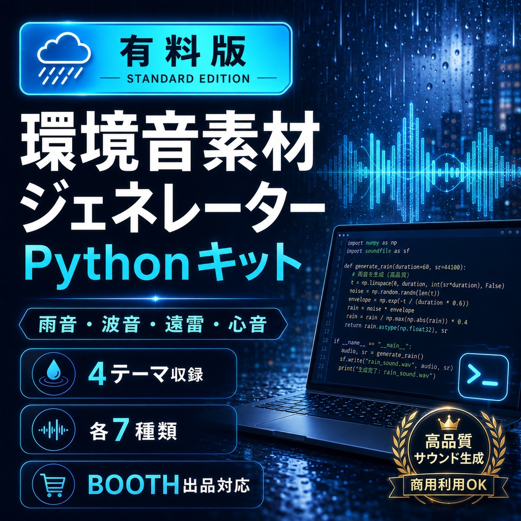 環境音素材ジェネレーター Pythonキット｜雨音・波音・遠雷・心音を自動生成