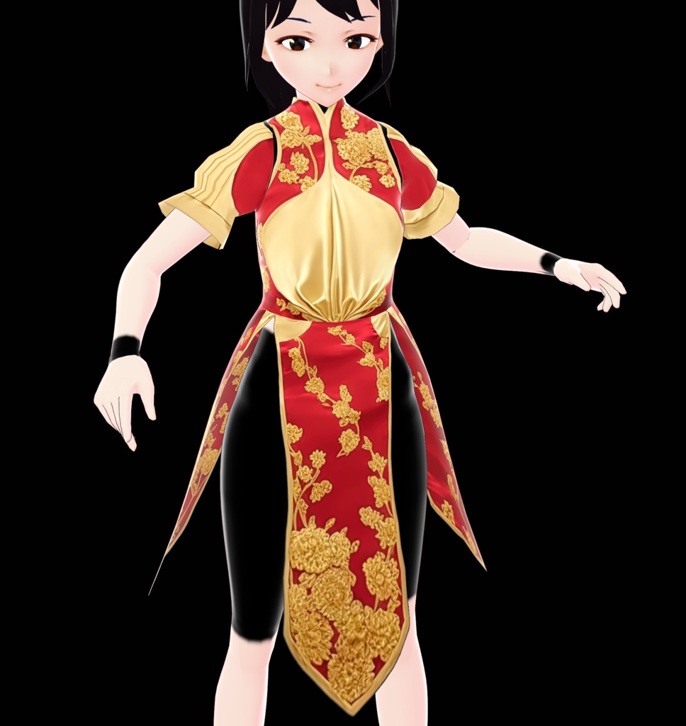VRoid. Amazing Dress, Cut skirt. Golden red. Floral pattern. HQ.
