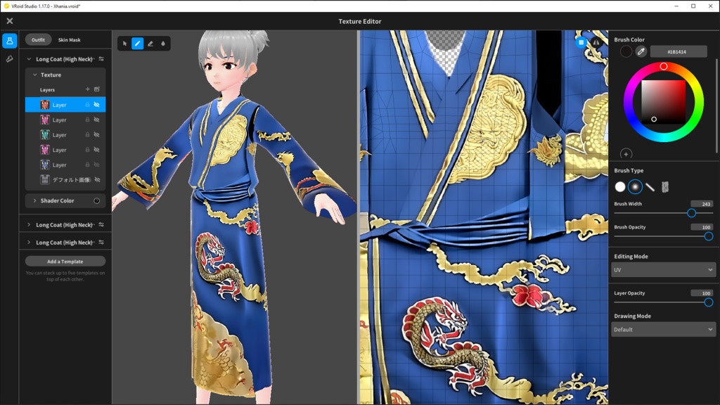 VRoid. Kimono dragon. Beautiful gold texture. Blue, pink, cyan and red.