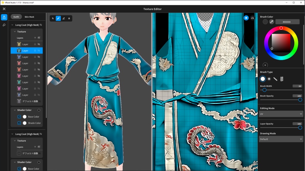VRoid. Kimono dragon. Beautiful silver texture. Blue, pink, cyan, golden and red.
