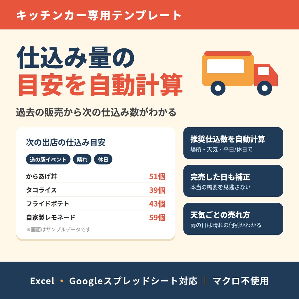 【キッチンカー向け】仕込み量の目安計算シート｜過去の販売実績から次の仕込み数がわかる｜Excel・Googleスプレッドシート対応