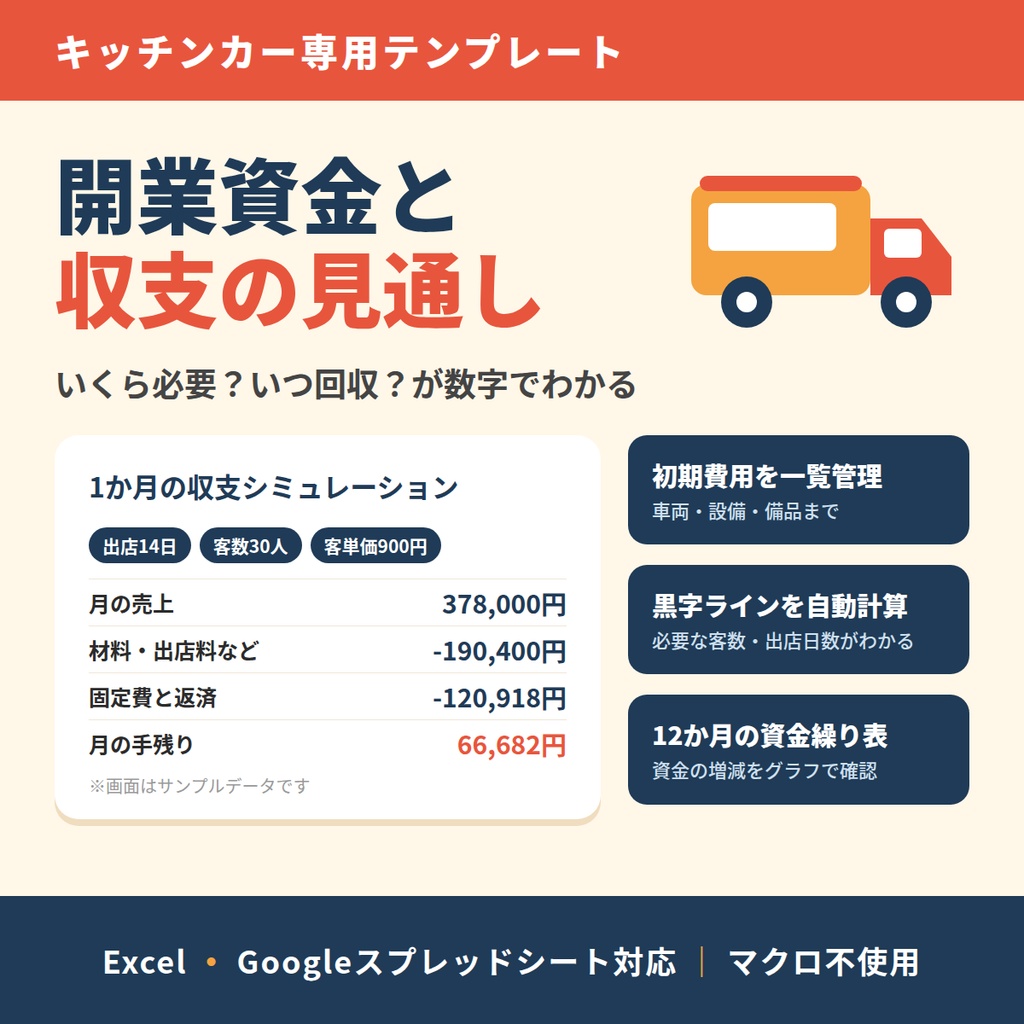 【キッチンカー向け】開業資金・収支シミュレーター|いくら必要で、いつ回収できるかがわかる|Excel・Googleスプレッドシート対応