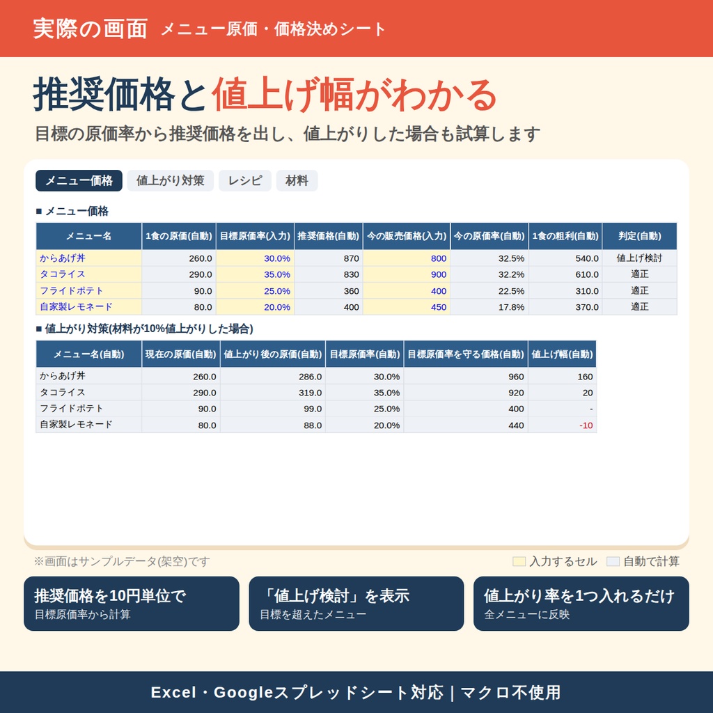 【キッチンカー向け】メニュー原価・価格決めシート|原価率から推奨価格まで自動計算|Excel・Googleスプレッドシート対応
