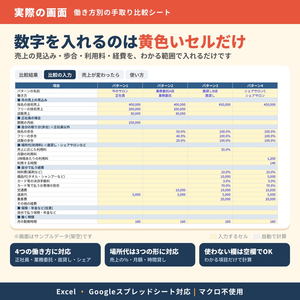 【美容師向け】働き方別の手取り比較シート|業務委託・面貸し・シェアサロンの本当の手取りがわかる|Excel・Googleスプレッドシート対応