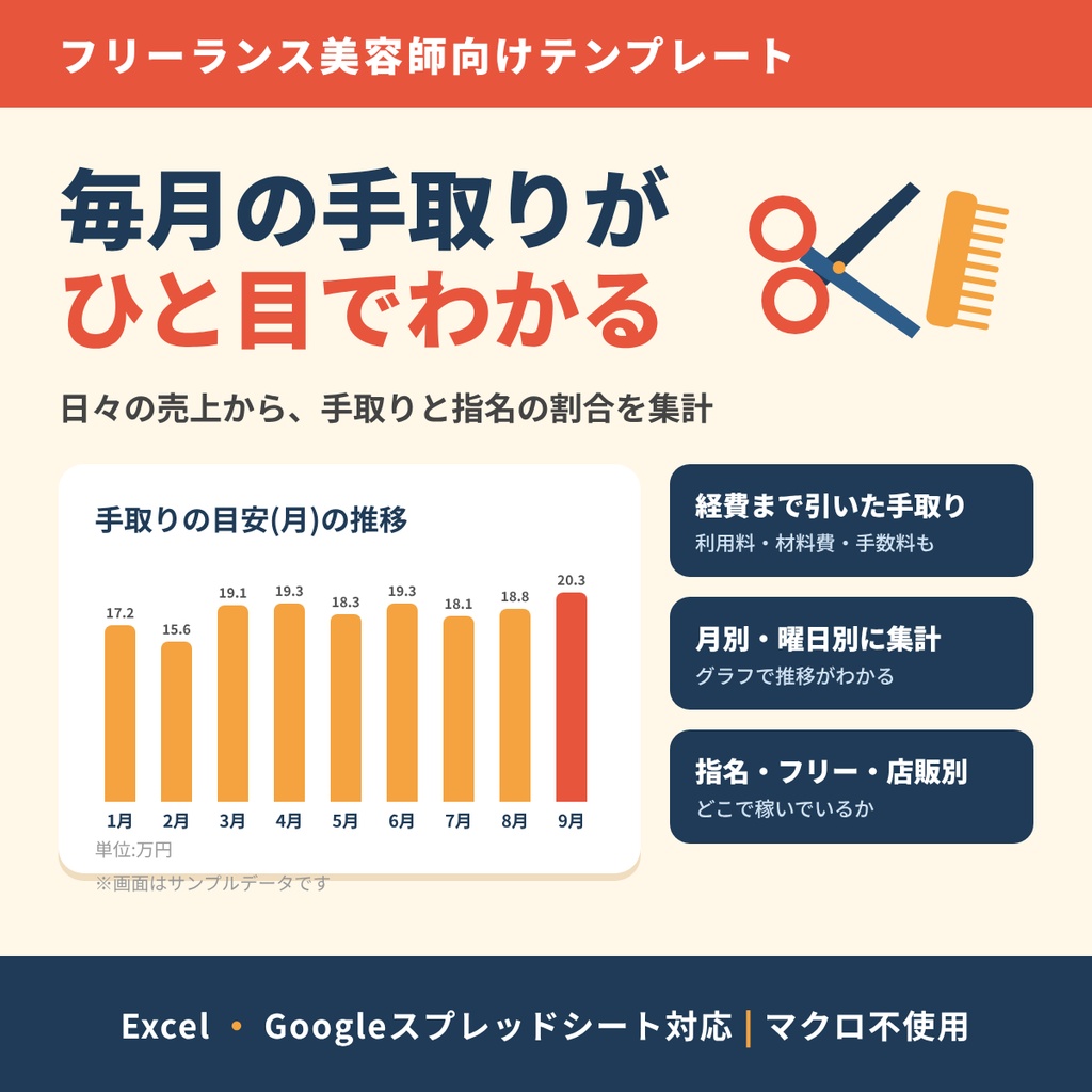 【美容師向け】売上・手取り管理シート｜毎月の手取りと、指名・フリーの稼ぎの割合がわかる｜Excel・Googleスプレッドシート対応
