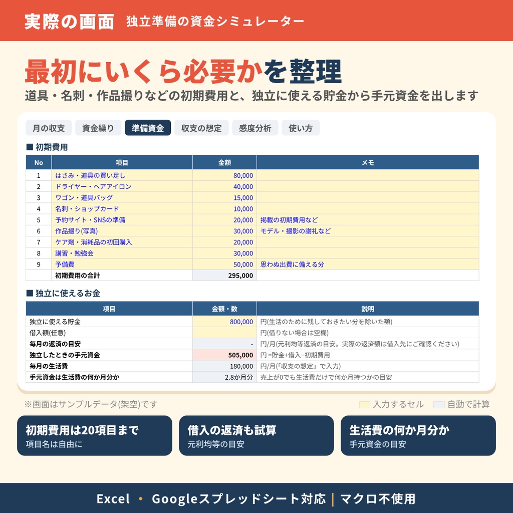 【美容師向け】独立準備の資金シミュレーター|売上が安定するまで、お金が何か月持つかわかる|Excel・Googleスプレッドシート対応