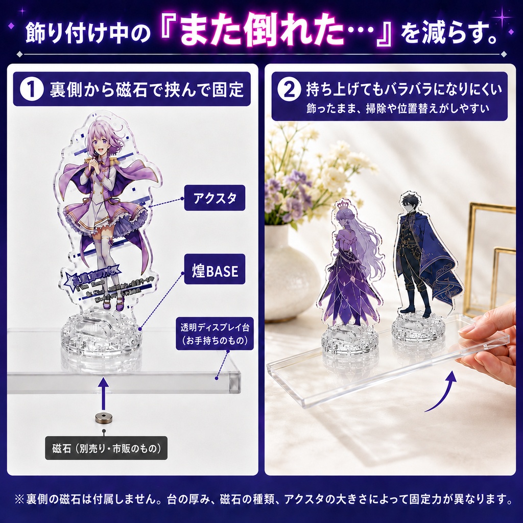 アクスタ台座 |ゆるくて飾れなくなったアクスタをもう一度!しっかり挟んで倒れないマグネット台座【煌BASE】