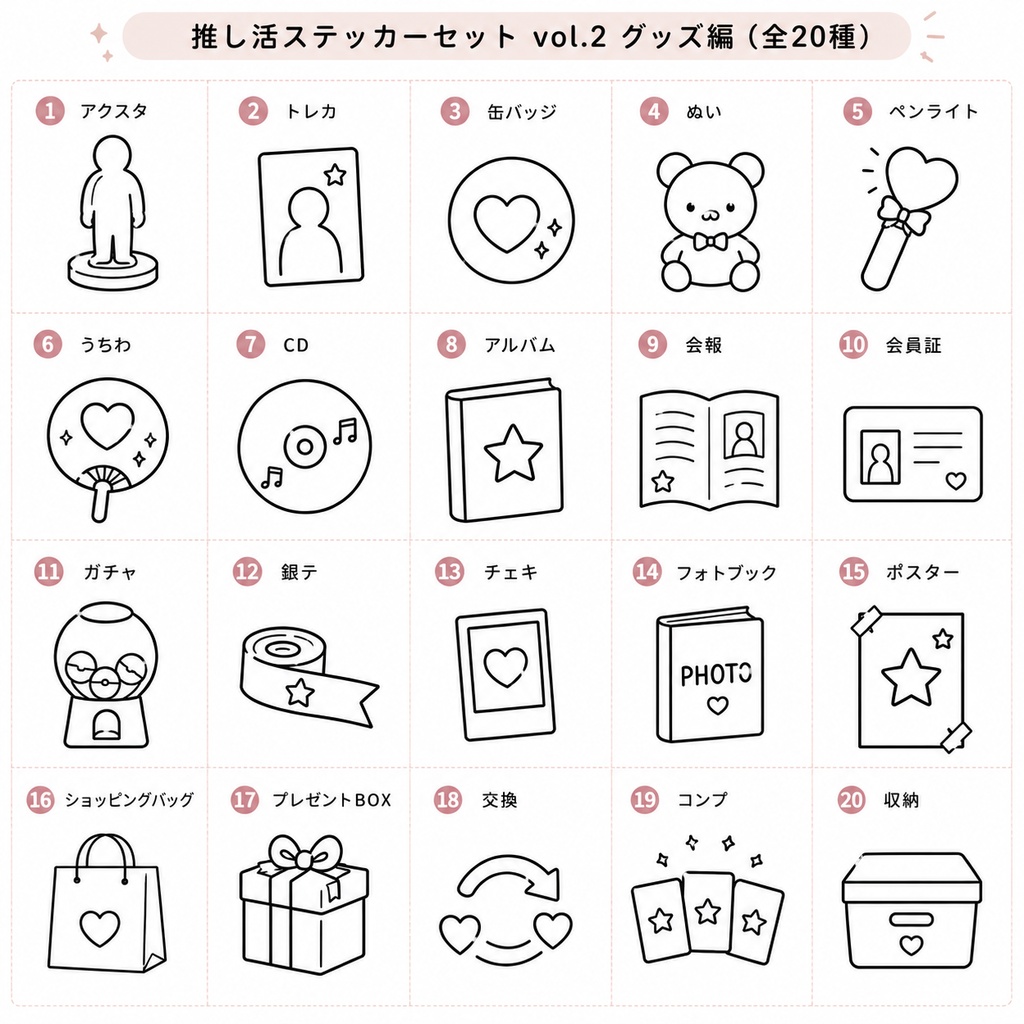 推し活手帳ステッカー Vol.2 グッズ編｜20種セット｜PNG透過素材