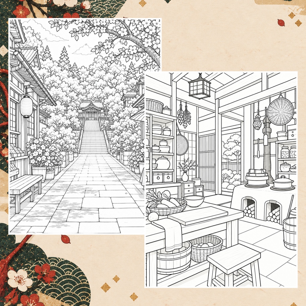 塗り絵 大人の塗り絵 和の風景 A4印刷用PDF 全26ページ