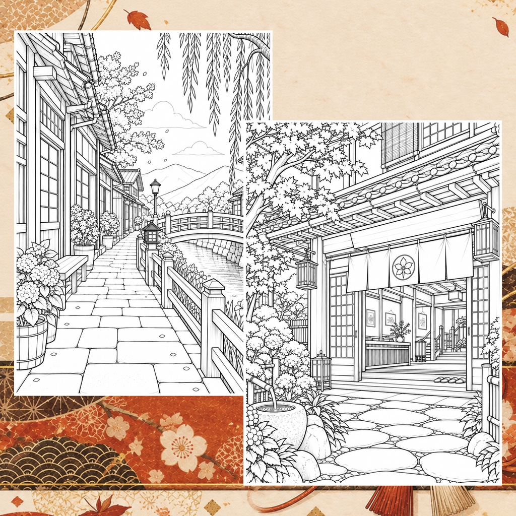 塗り絵 大人の塗り絵 和の風景 A4印刷用PDF 全26ページ