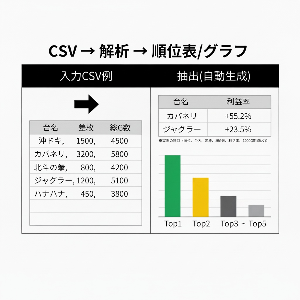 パチスロ台データCSV解析ツール|順位表・TOP5グラフ自動生成
