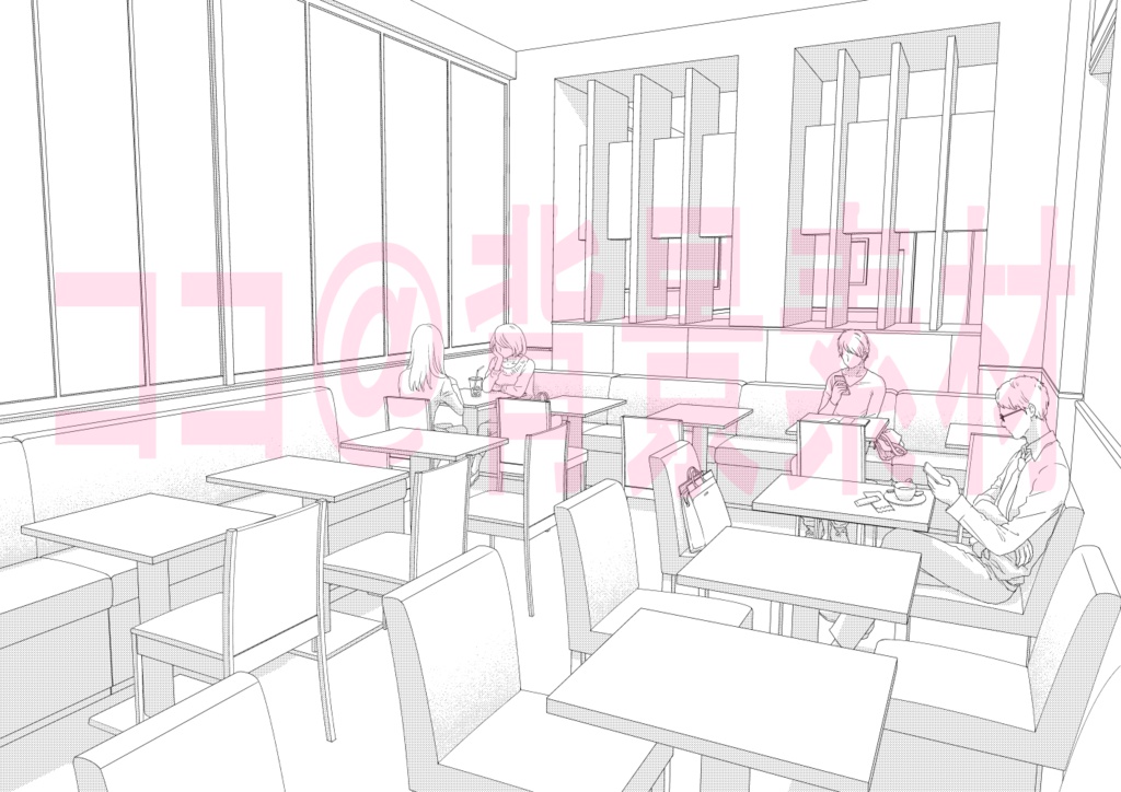 背景線画「カフェ1店内」モブつき