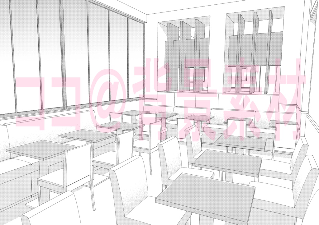 背景線画「カフェ1店内」モブつき