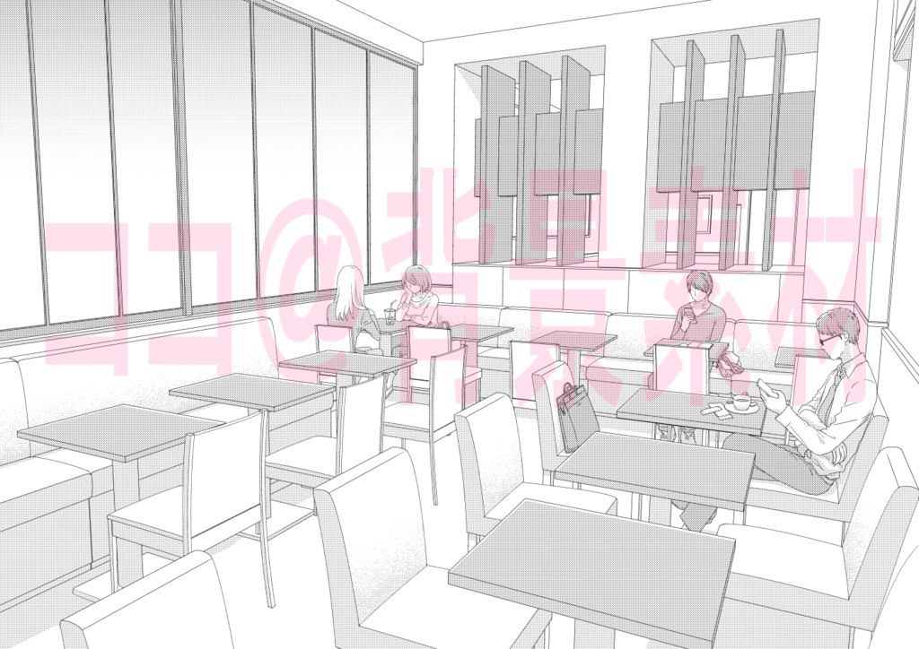 背景線画 カフェ１店内 モブつき 漫画背景素材 ココ Booth