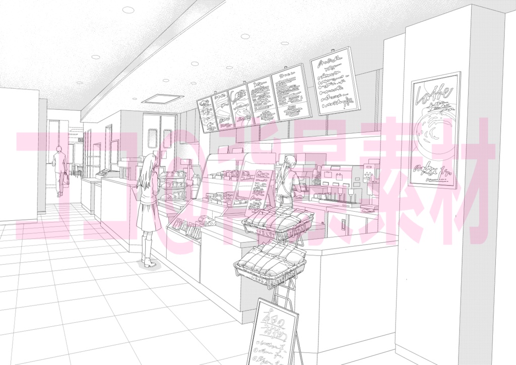 背景線画「カフェ1レジ前」