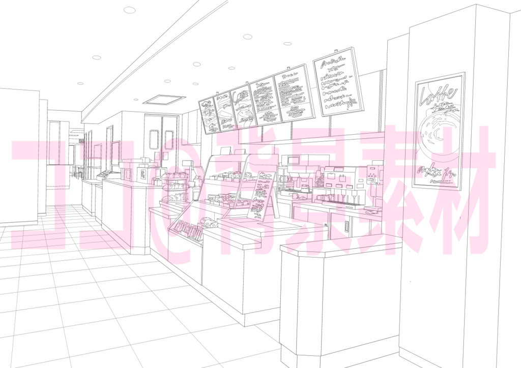 背景線画「カフェ1レジ前」