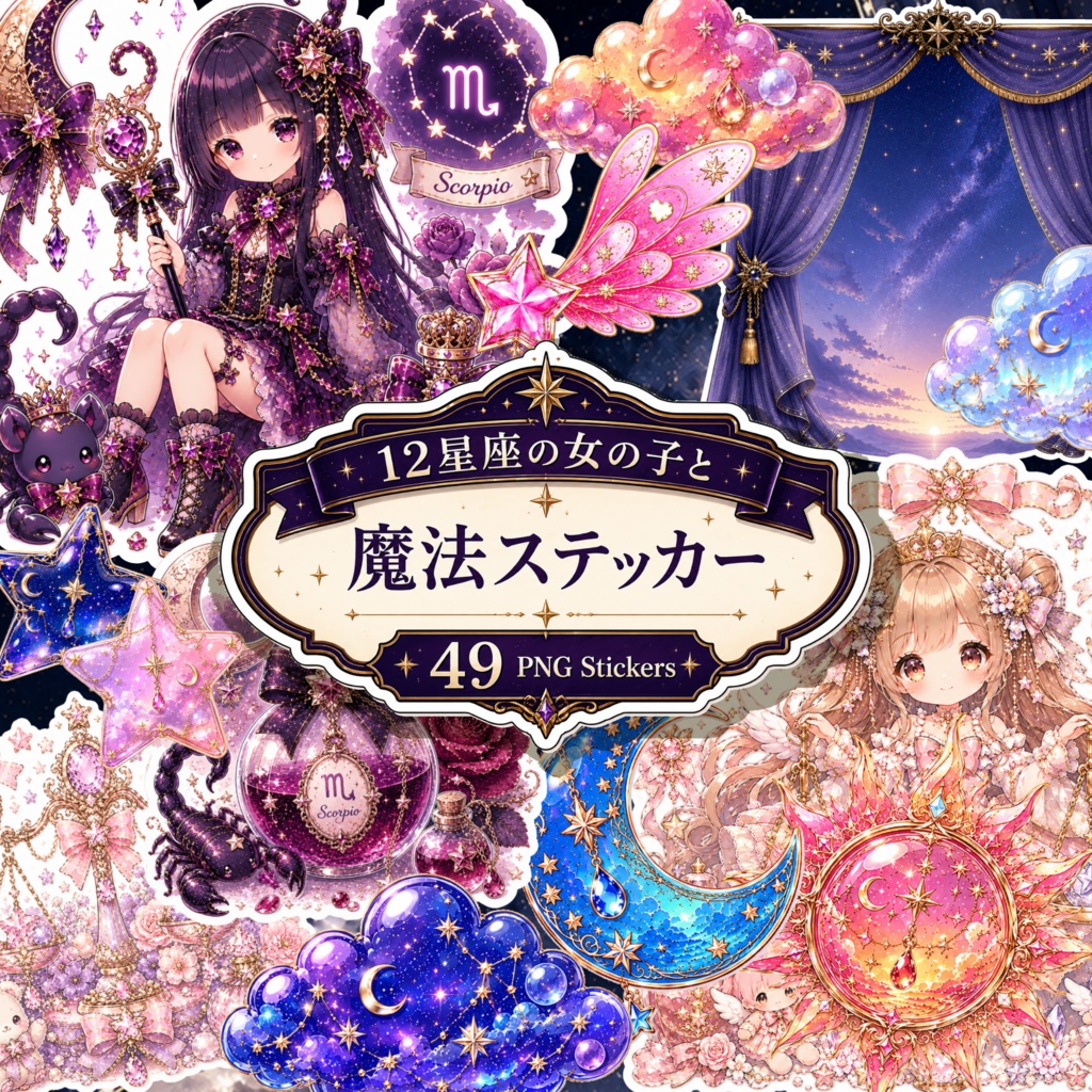 12星座の女の子と魔法ステッカー｜49 PNG Stickers
