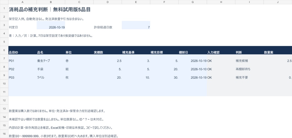 PROJECT SORA｜消耗品の補充判断 Excel【無料試用版・5品目】