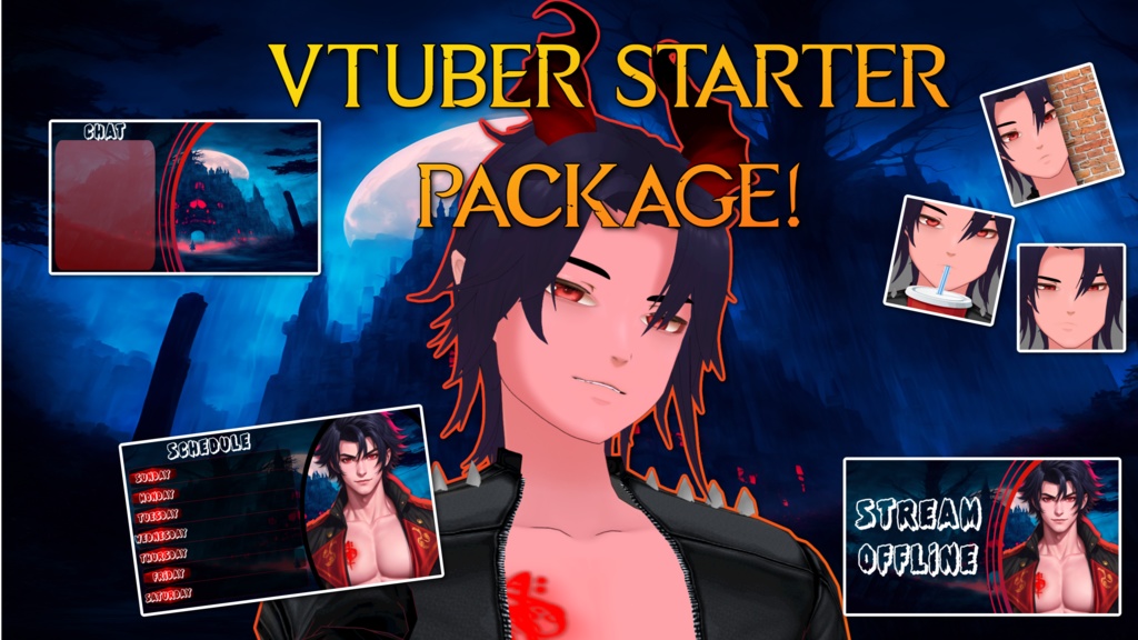 Vtuber Starter Pack! Advanced Model +Animated Overlays + Emotes + Schedule + Advanced Facial Tracking + Artistic Portrait, and more!