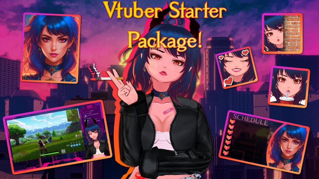 Demon Woman Vtuber Starter Pack! Advanced Model +Animated Overlays + Emotes + Schedule + Advanced Facial Tracking + Artistic Portrait, and more!