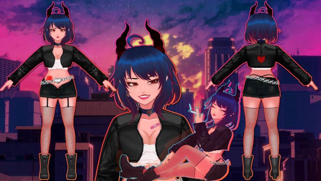 Demon Woman Vtuber Starter Pack! Advanced Model +Animated Overlays + Emotes + Schedule + Advanced Facial Tracking + Artistic Portrait, and more!