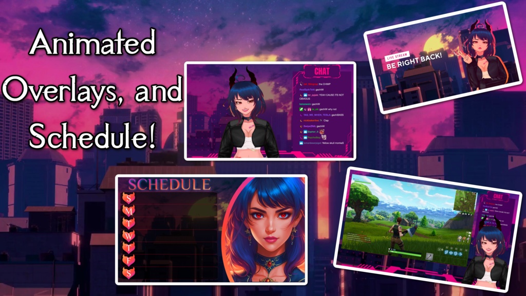 Demon Woman Vtuber Starter Pack! Advanced Model +Animated Overlays + Emotes + Schedule + Advanced Facial Tracking + Artistic Portrait, and more!
