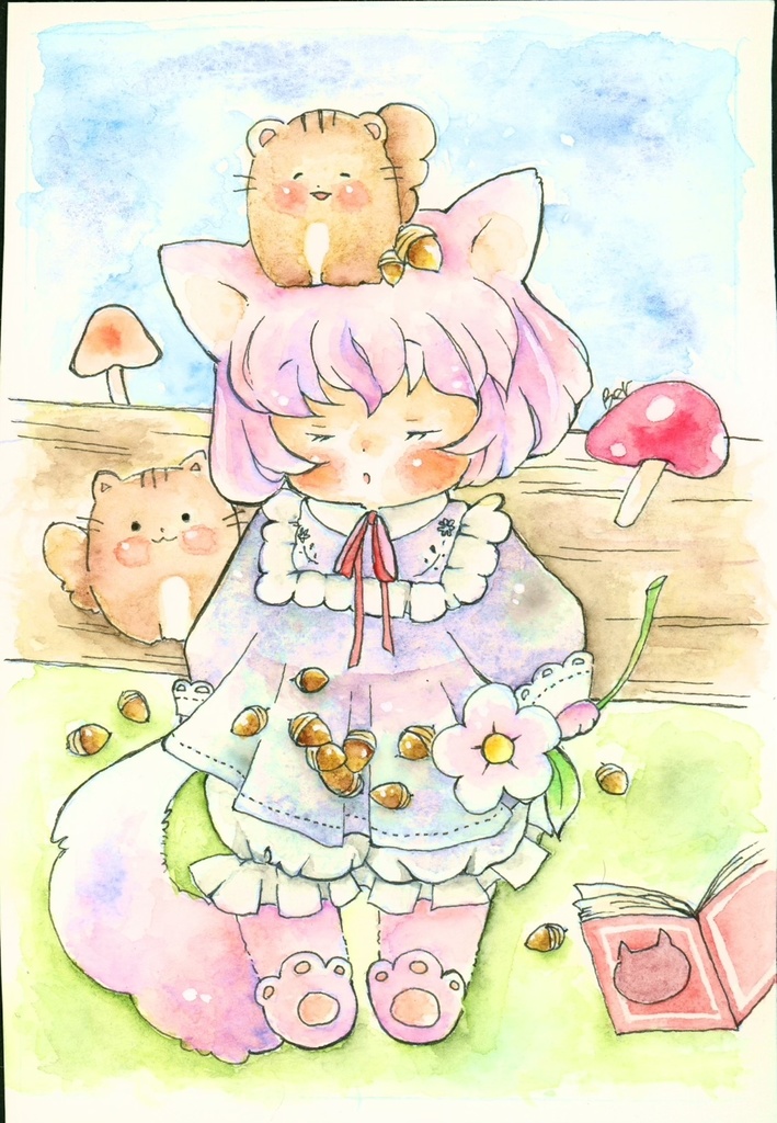 額装原画　「どんぐりいっぱい集めたね」