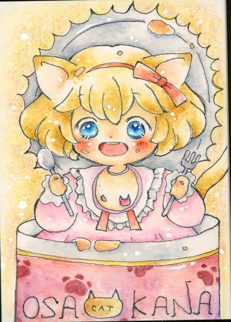 ATC額装原画　「おさかなおかわり」