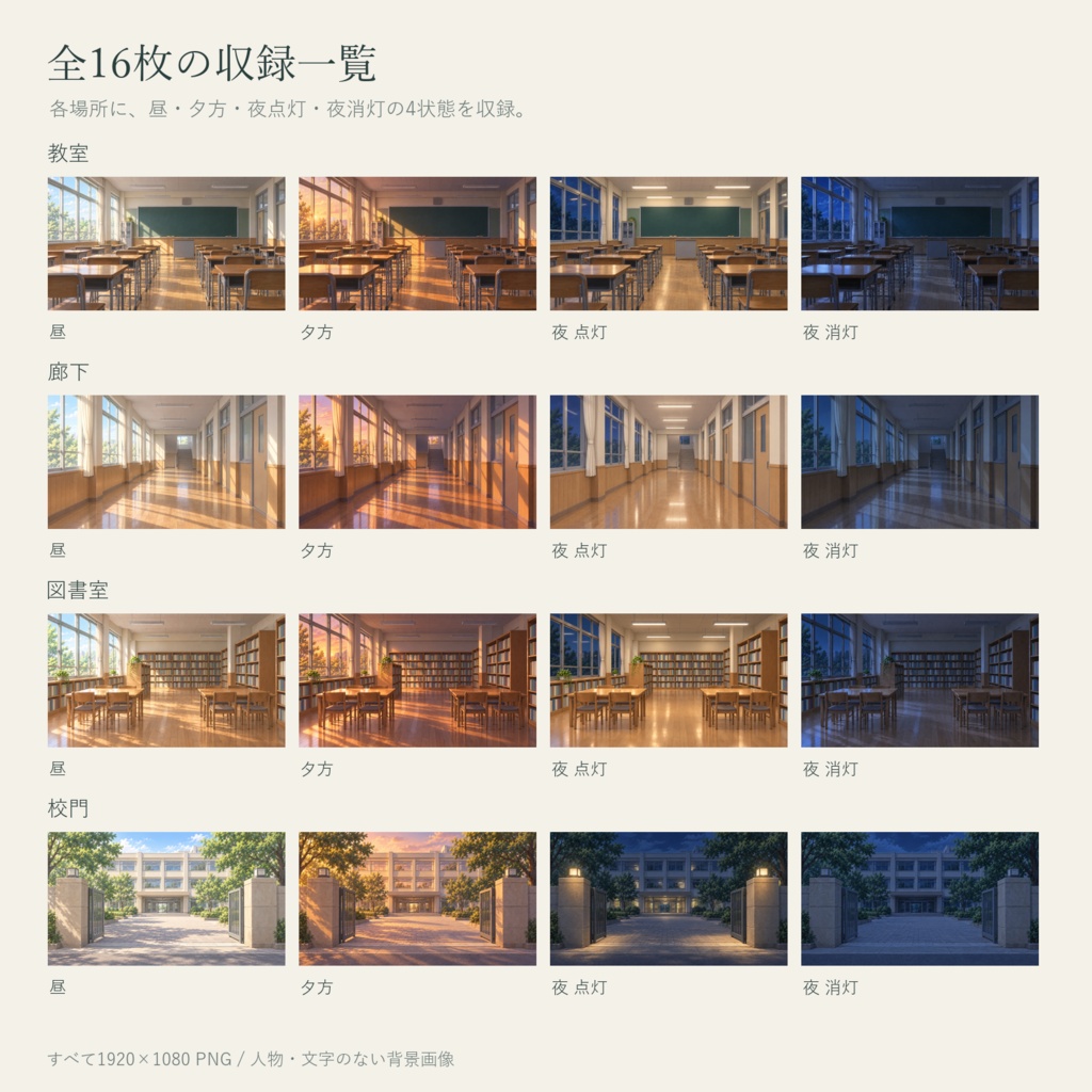 【AI制作背景】放課後の校舎|教室・廊下・図書室・校門|昼夕夜・照明差分16枚