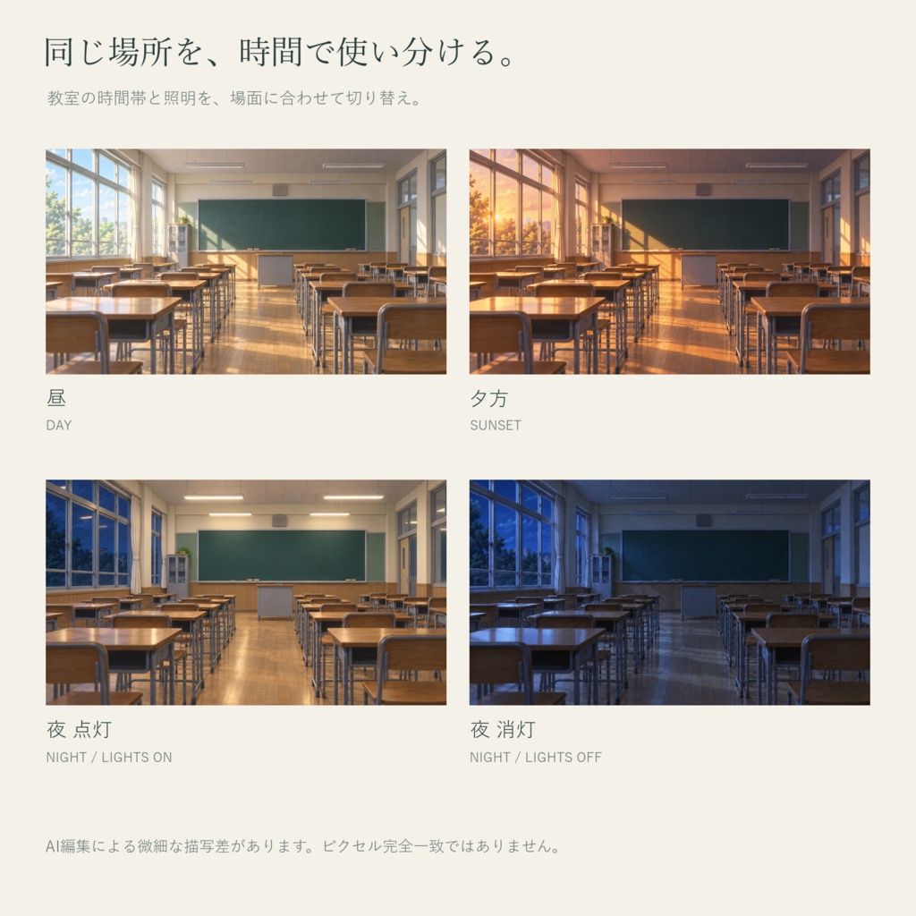 【AI制作背景】放課後の校舎|教室・廊下・図書室・校門|昼夕夜・照明差分16枚