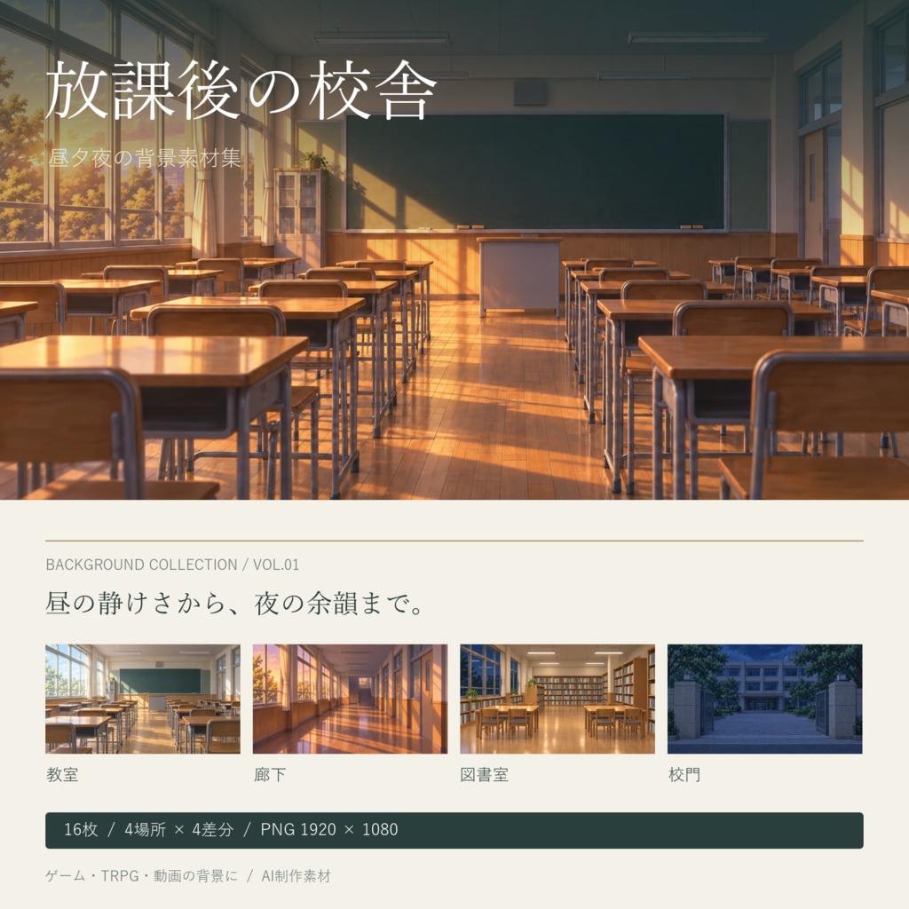 【AI制作背景】放課後の校舎｜教室・廊下・図書室・校門｜昼夕夜・照明差分16枚