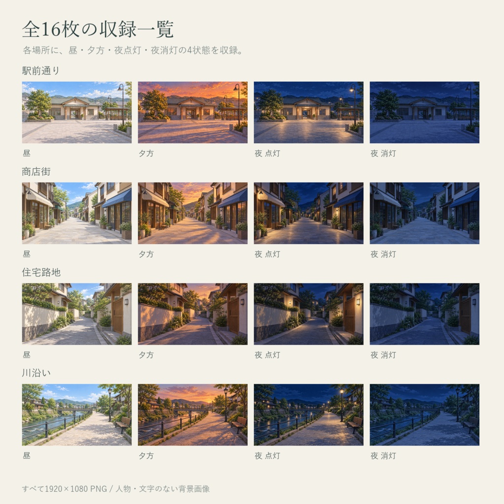 【AI制作背景】帰り道の街|駅前通り・商店街・住宅路地・川沿い|昼夕夜・照明差分16枚