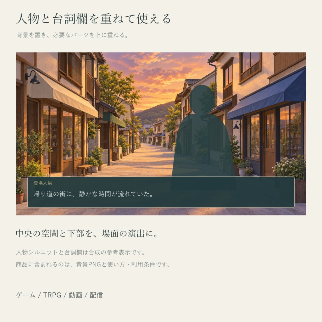 【AI制作背景】帰り道の街|駅前通り・商店街・住宅路地・川沿い|昼夕夜・照明差分16枚