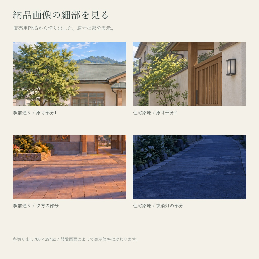 【AI制作背景】帰り道の街|駅前通り・商店街・住宅路地・川沿い|昼夕夜・照明差分16枚