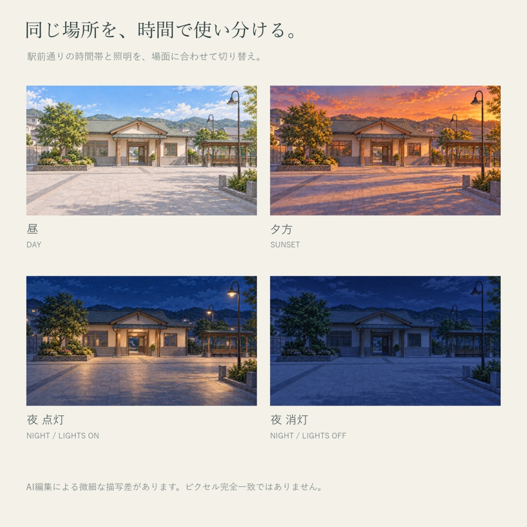 【AI制作背景】帰り道の街|駅前通り・商店街・住宅路地・川沿い|昼夕夜・照明差分16枚