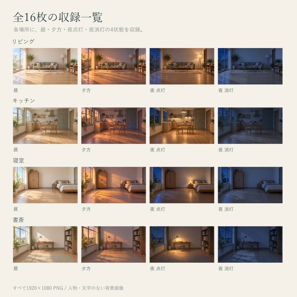 【AI制作背景】小さな暮らし|リビング・キッチン・寝室・書斎|昼夕夜・照明差分16枚