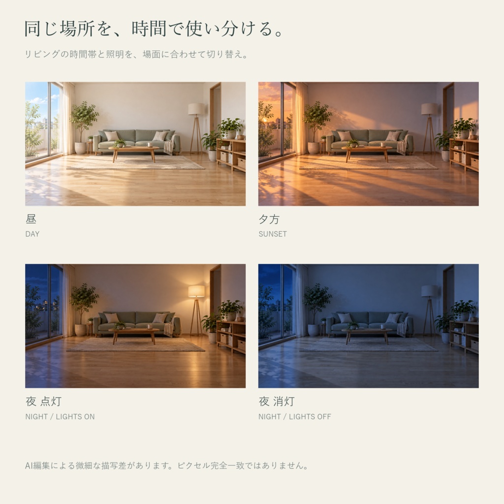 【AI制作背景】小さな暮らし|リビング・キッチン・寝室・書斎|昼夕夜・照明差分16枚