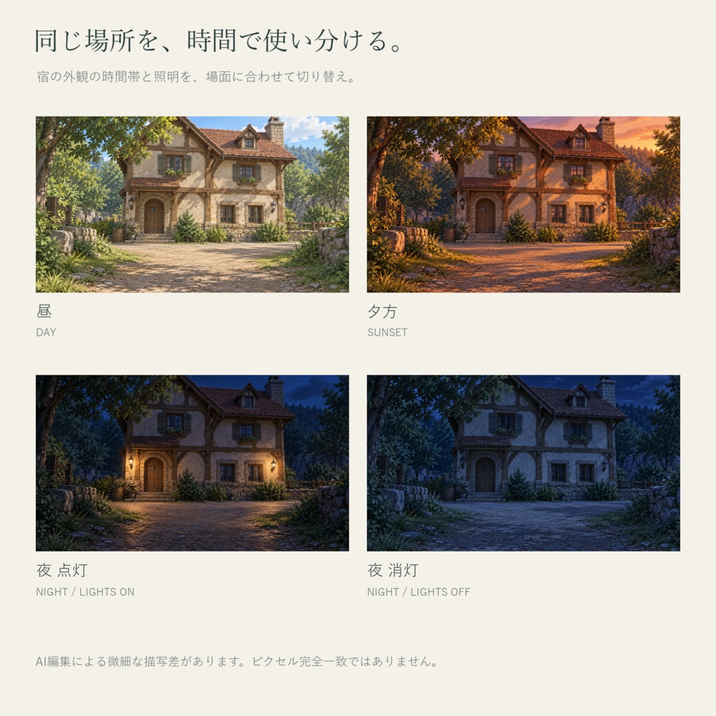 【AI制作背景】旅人の小さな宿|宿の外観・談話室・客室・中庭|昼夕夜・照明差分16枚