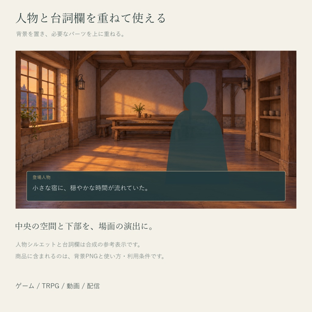 【AI制作背景】旅人の小さな宿|宿の外観・談話室・客室・中庭|昼夕夜・照明差分16枚