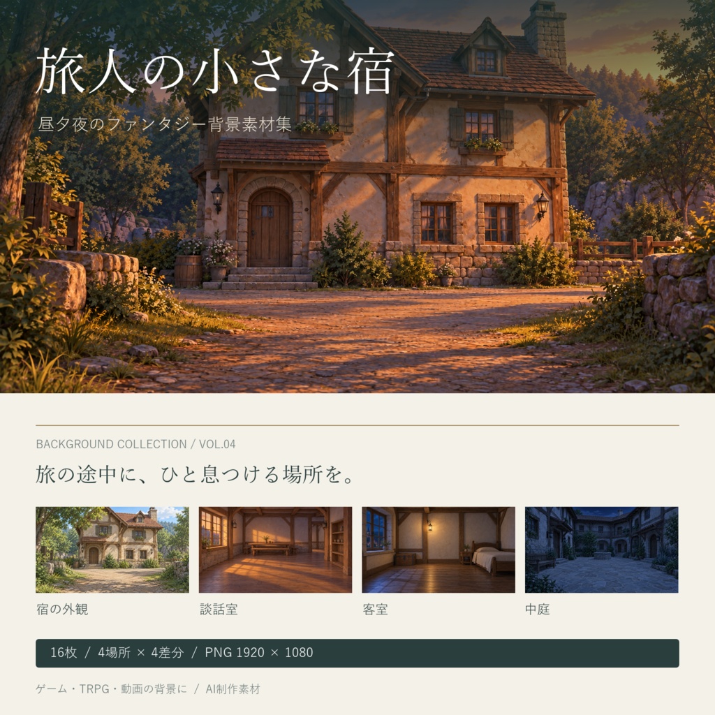 【AI制作背景】旅人の小さな宿|宿の外観・談話室・客室・中庭|昼夕夜・照明差分16枚