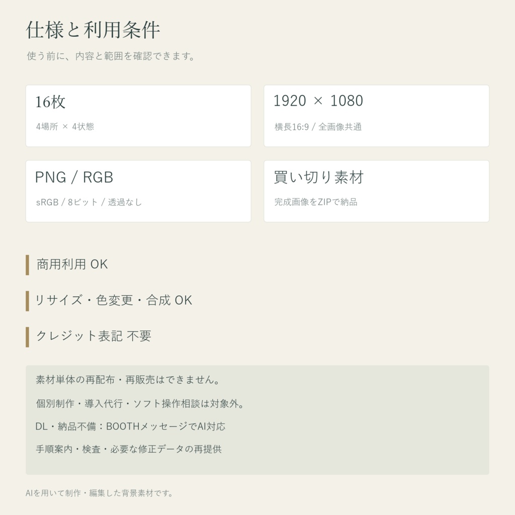 【AI制作背景】旅人の小さな宿|宿の外観・談話室・客室・中庭|昼夕夜・照明差分16枚