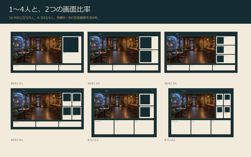 【AI背景+TRPG素材】雨灯喫茶の会話卓|背景2景・人数別盤面・透過PNG・編集SVG