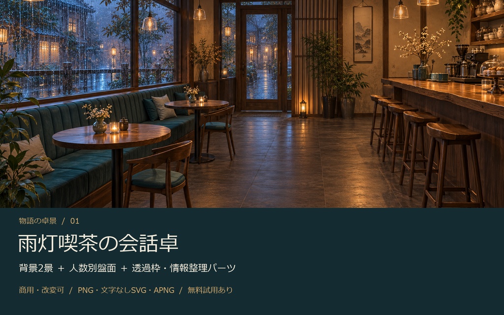 【AI背景＋TRPG素材】雨灯喫茶の会話卓｜背景2景・人数別盤面・透過PNG・編集SVG