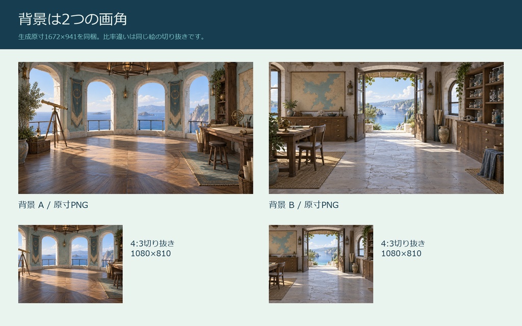 【AI背景+TRPG素材】潮窓の観測室|背景2景・人数別盤面・透過PNG・編集SVG