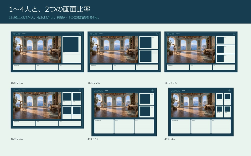 【AI背景+TRPG素材】潮窓の観測室|背景2景・人数別盤面・透過PNG・編集SVG